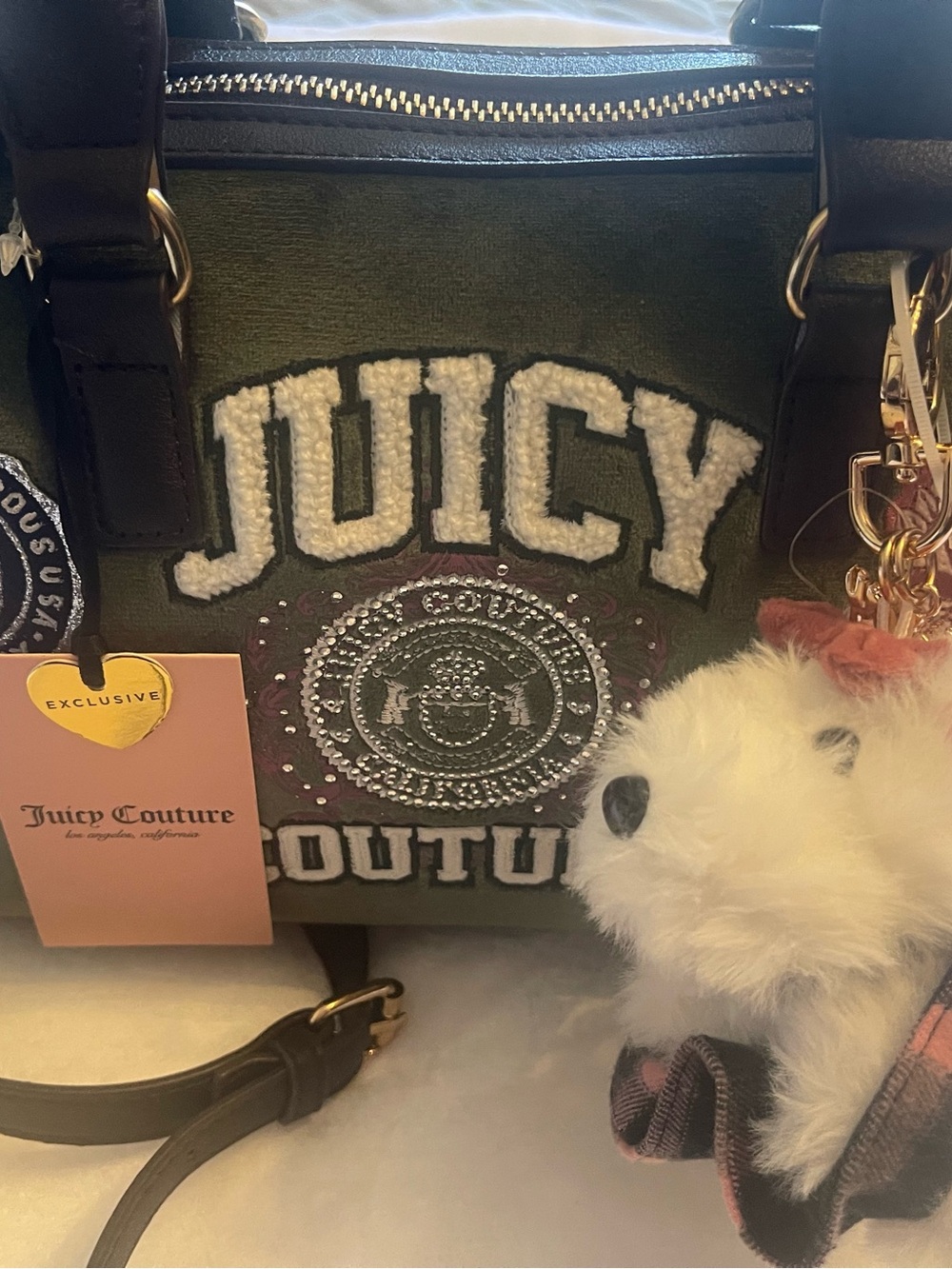 Juicy Couture Olive Green Embroidered Logo Satchel with Puppy Cream  Pom!